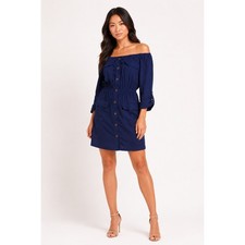 Lulus Etta Navy Blue Button Front Off the Shoulder Dress. Women's Size Small