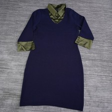 Nina Leonard Navy Blue Knit Shift Dress Olive Green Satin Collar Cuffs Womens L