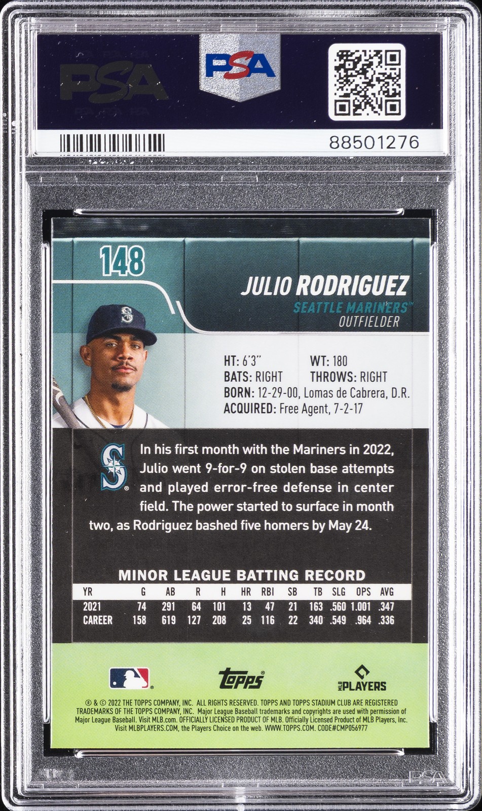 2022 TOPPS STADIUM CLUB CHROME #148 JULIO RODRIGUEZ ROOKIE RC PSA 10 view 2
