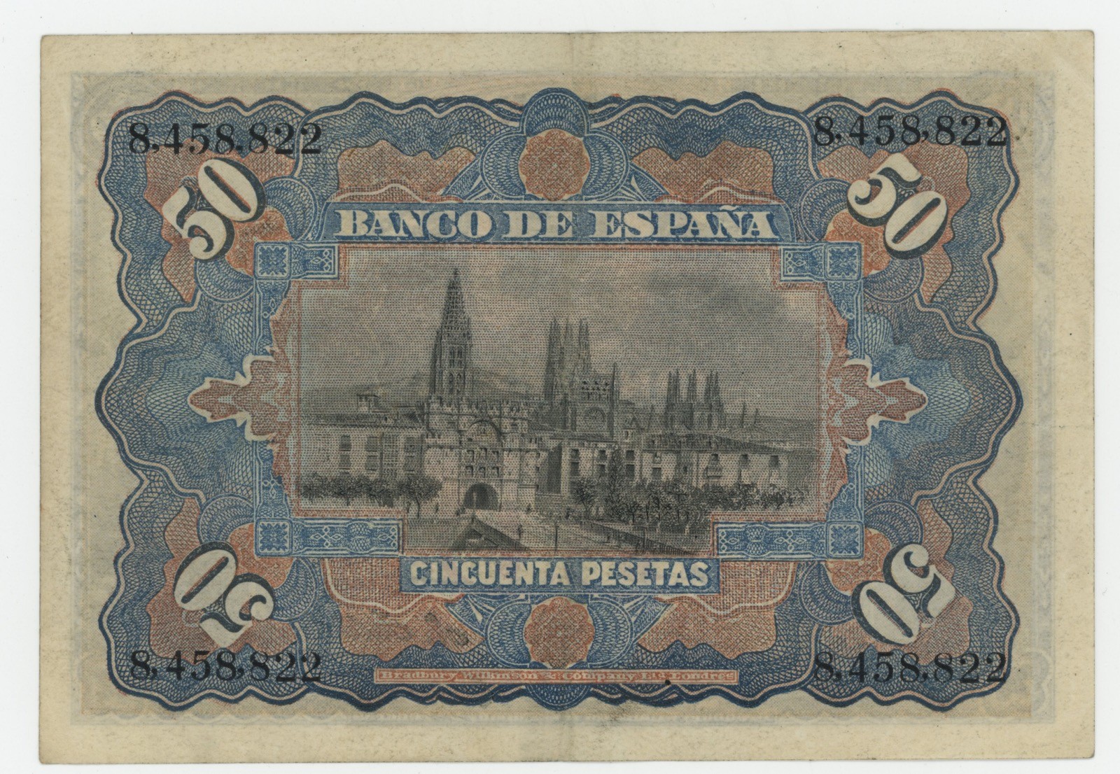 Spain España 50 Pesetas 15-7-1907 Pick 63.b XF- Circulated Banknote Republic