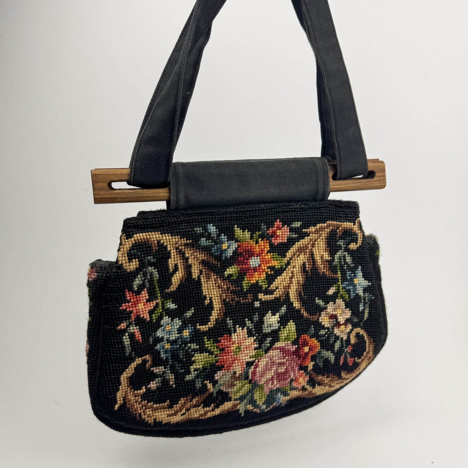 Vtg 1960's Black Needlework Handbag Floral Embroidered Tapestry Bag Wood Handles