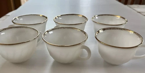 6 Vintage Anchor Hocking Fire King Milk Glass Swirl Gold Rim Coffee/tea Cups EUC