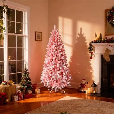 8 Fuß Weihnachtsbaum Schnee beflockt rosa verstaubt künstliche Kiefer Ferienhaus Dekor