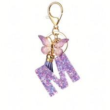 Initial Letter Keychains for Women Purple Pink Keychain with Butterfly Purse Cha