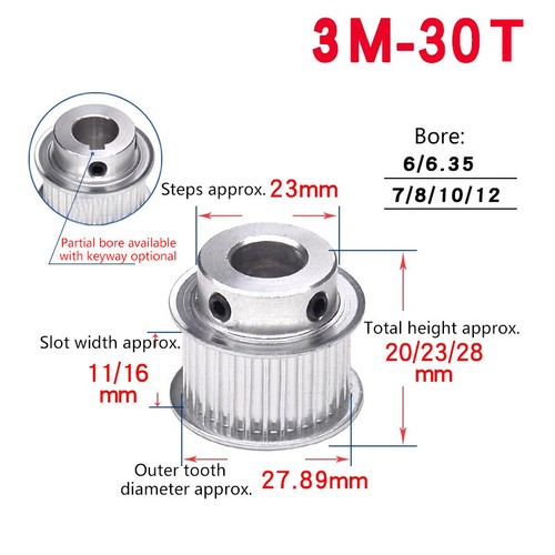 3M-30T Step Timing Pulley Bore 5mm-19mm Synchronous Wheel for Reprap 3D Printer - Picture 2 of 6