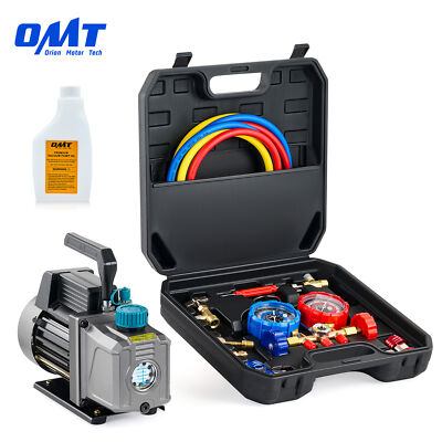OMT 3.5cfm 1/4hp HVAC Air Vacuum Pump & Manifold Gauge Set AC Units with Case US