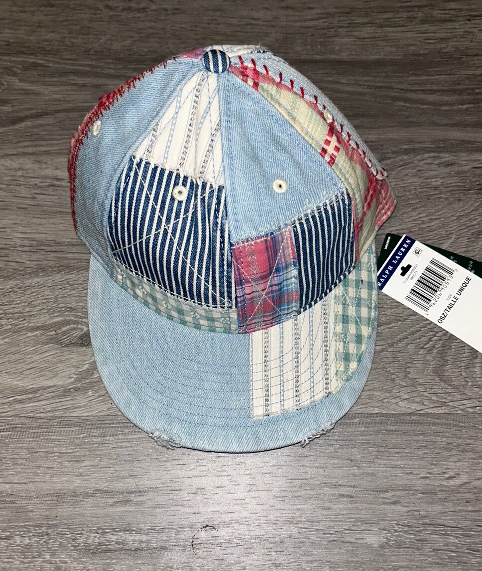 Polo Ralph Lauren Polo Country Distressed Patchwork Blue Denim Ball Cap Hat NWT