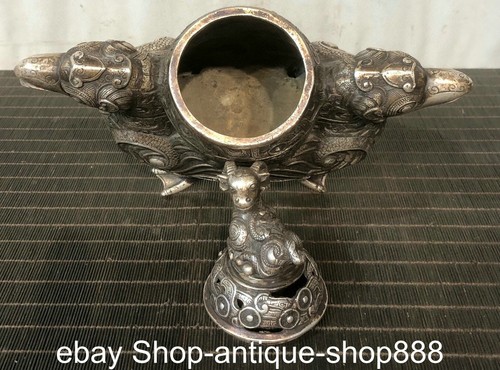 Ancien encensoir visage dynastie argent double phénix oiseau mouton chèvre magasin dragon loong bête