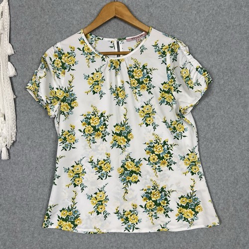 Review Floral Top Womens 10 S White Yellow Flowers Short Sleeve Lightweight