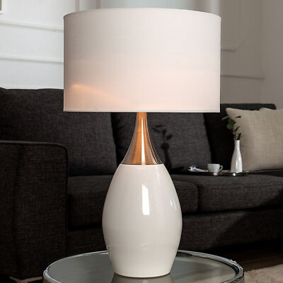 Moderne Tischlampe CARLA 60cm weiß silber mit Leinenschirm Tischleuchte