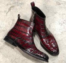 Handmade Men Burgundy alligators boot Men crocodile dress boots, Men zipper boot