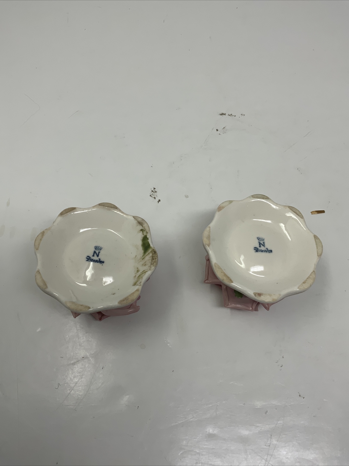Set Of 2 Vintage Dresden Porcelain Candle Holders Pink Roses 1 3/4"