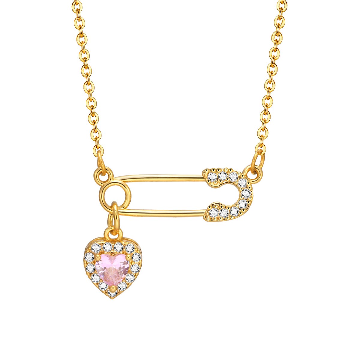 Gold Safety Pin Pendant Necklace with Cubic Zirconia Diamonte