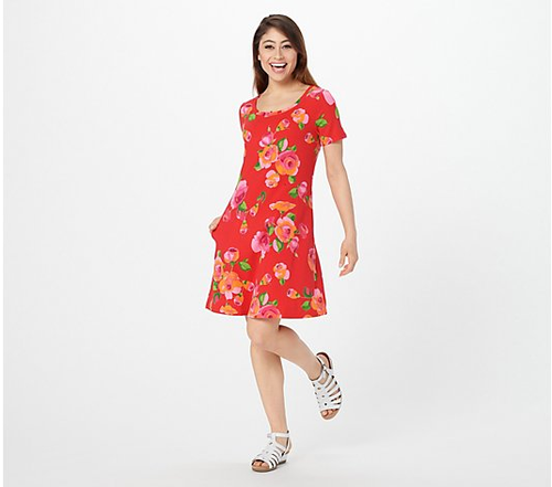 Short-Sleeve Swing Dress (Rose Floral 