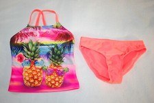 Girls 2 PC SWIMSUIT Tankini Set PINEAPPLES W/ SUNGLASSES Neon Tropical XS 4-5