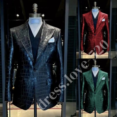 Fashion Faux Leather Men's Suits Wide Peak Lapel Dinner Host 2 Pcs Casual Blazer
