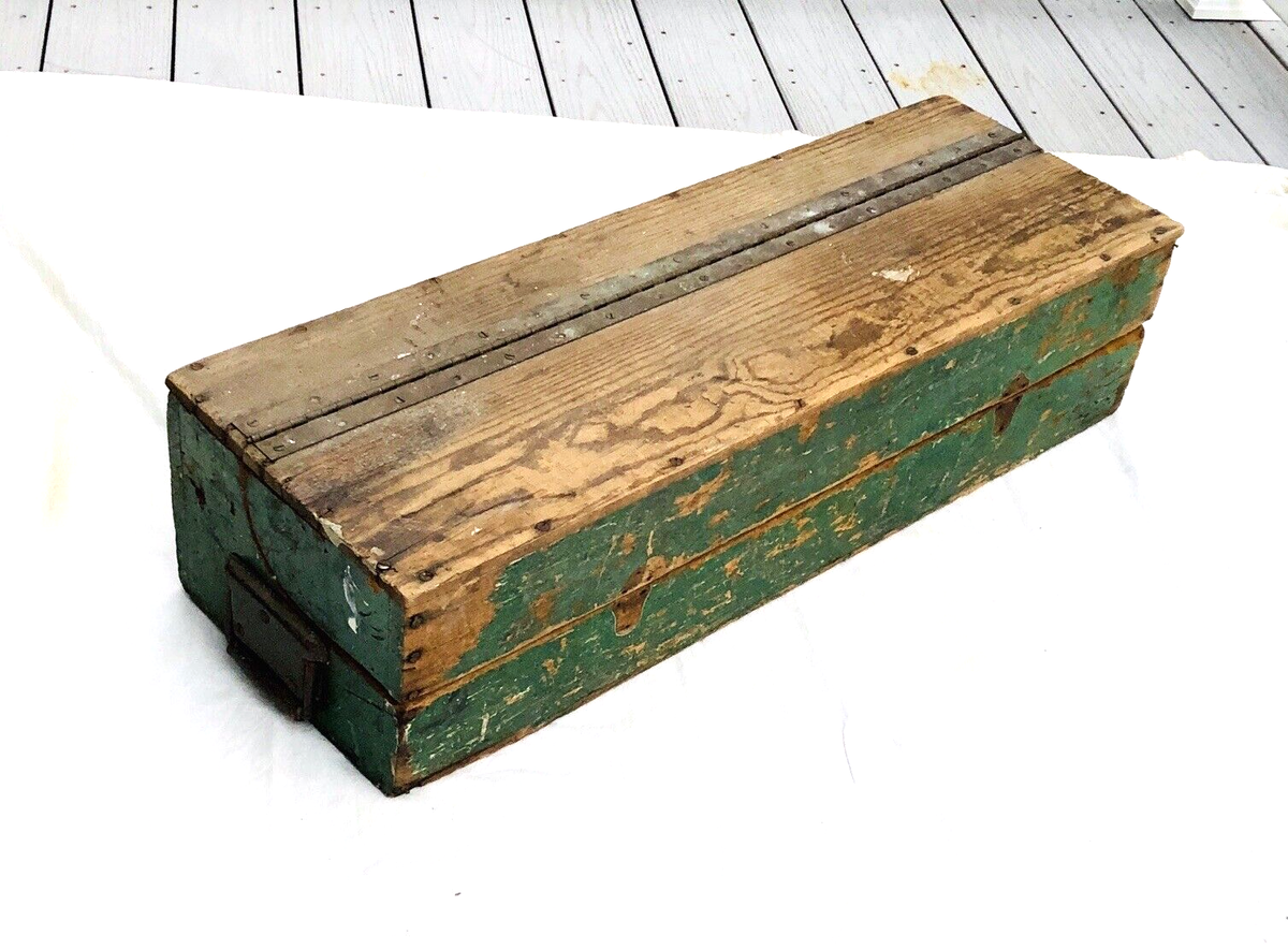 Antique Wood Carpenters Tool Box Primitive OLD Paint Side Handles