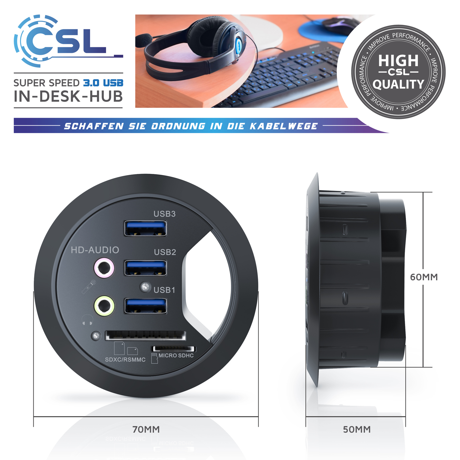 CSL USB 3.0 High Speed InDeskHub TischKabeldurchführung mit Multi