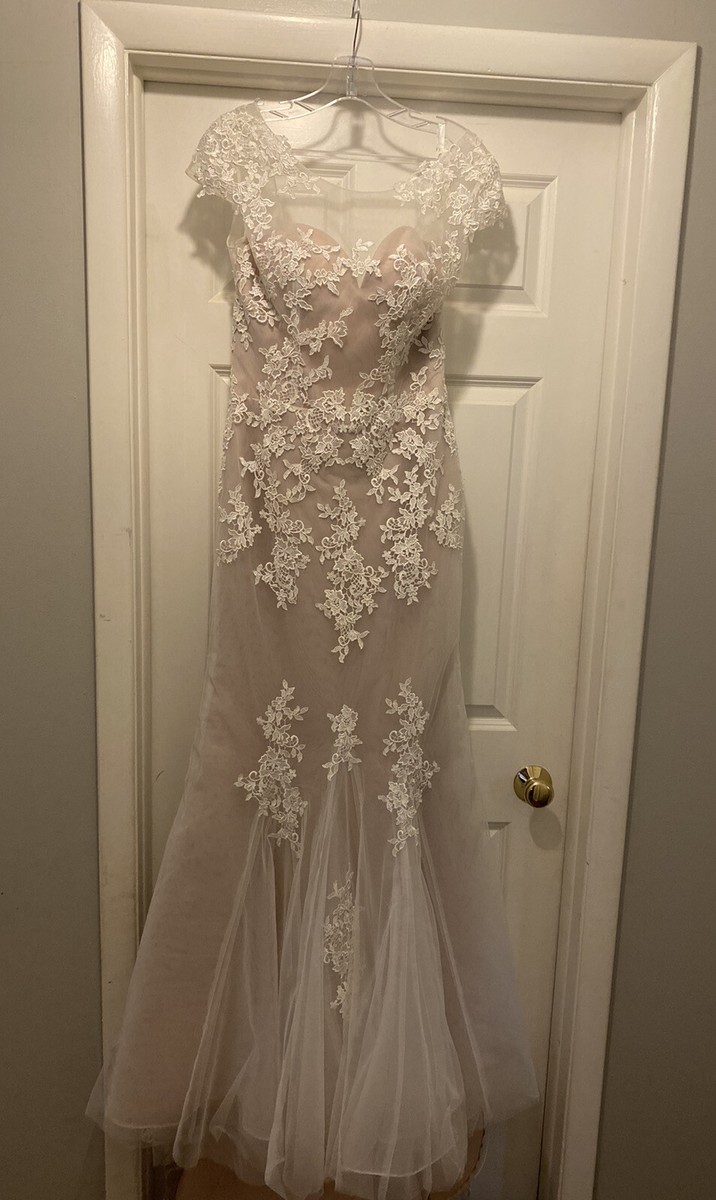 NWT Bridal Sheer Floral Overlay White Beige Tulle Wedding Gown $2600 12  Bridal 8 | eBay