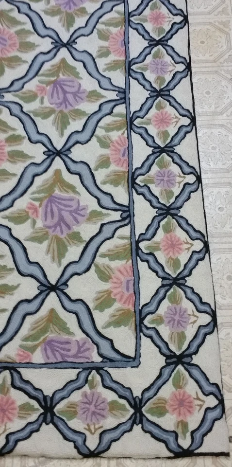 Tapete bordado 6' X 9' lã, algodão, tapete de flores feito à mão na Índia feito à mão - Imagem 4 de 4