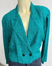 VTG Leger Jacket Blazer Crop Green Black Print Long Sleeve Shoulder Petite 12