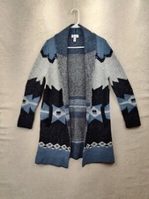 Denim Co Women Sweater Small Blue Printed Poly Blend Open Front Knit Cardigan