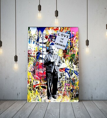 BANKSY EINSTEIN LIEBE IST ANTWORT - TIEF GERAHMTER GRAFFITI-DRUCK AUF LEINWANDBILD -