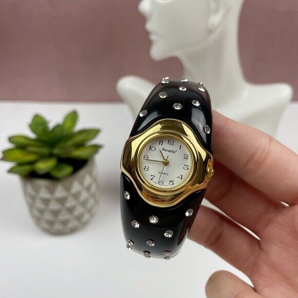 Vintage Bonetto Quartz Black Gold Rhinestone Bangle Watch Vintage Bonetto Quartz Black Gold Rhinestone Bangle Watch