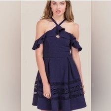 Francescas Navy Blue Cold Shoulder Ruffle Lace Trim Fit Flare Dress Size M