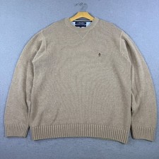 Tommy Hilfiger Men's L Cotton Crewneck Sweater Beige Crest Preppy Ribbed Heavy