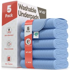 Washable Underpads Extra Large 34"x52" Pack of 5 Reusable Waterproof Bed ...