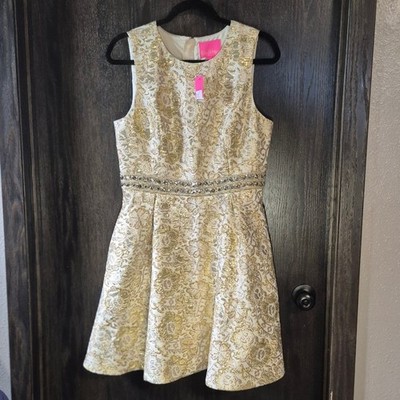 Lilly Pulitzer Levy Dress Gold Metallic Floral Brocade Embellished Waist 10 NEW