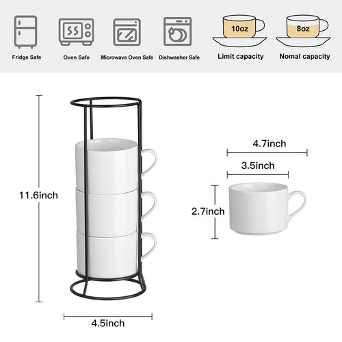 10 Unzen Stapelbare Kaffeetassen 4er Set mit Ständer, Weiß Keramik Kaffeetassen Set... - Bild 2 von 6