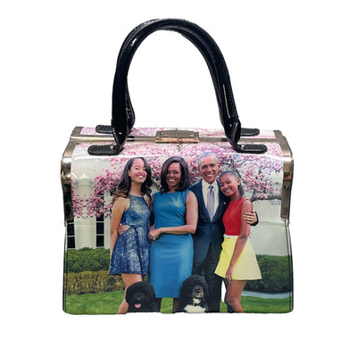 Michelle & Barack Obama Family Photo Patent Leather Box Purse Top Handle Satchel