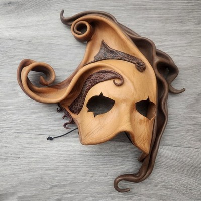 Handmade Leather Masquerade Mask Fantasy Cosplay Brown Sculptural Artistic Art