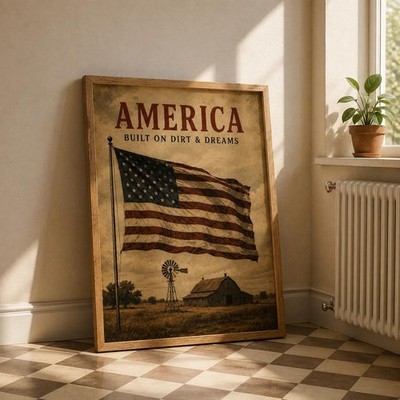 Rustic Americana Wall Art, USA Flag Decor, Vintage Cabin Art, Patriotic Print