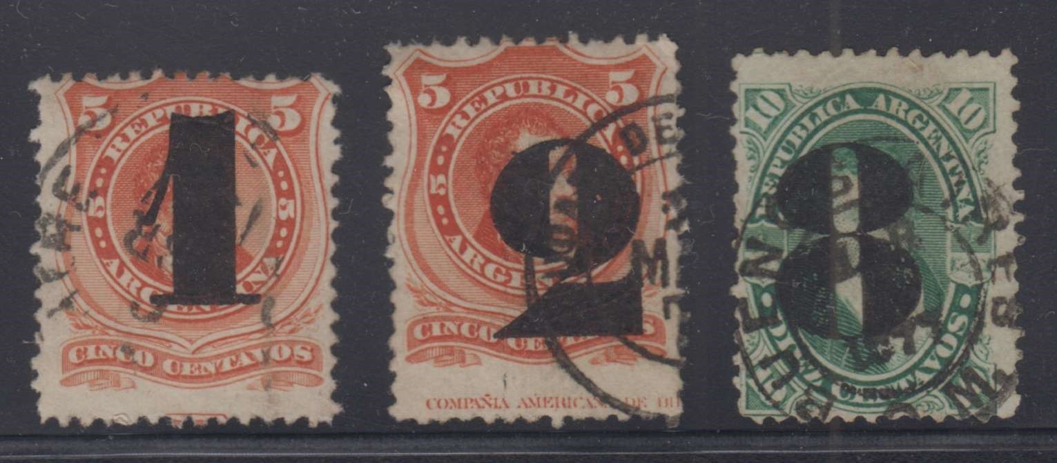 ARGENTINA 1877 PROVISIONAL issue Scott 30-32 FULL SET USED F,VF SCV$140.00