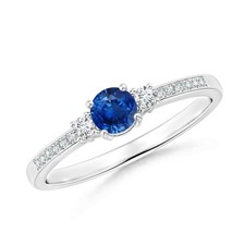4mm Round Shape Blue Sapphire 925 Sterling Silver Ring with CZ Side Stone Ring
