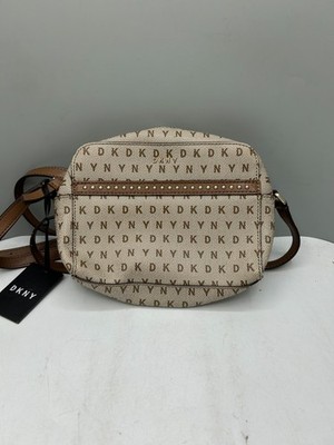 DKNY Faye-TZ Camera Bag Women's Brown Beige Canvas Monogram Crossbody Strap