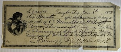 Jan 1893 Taylor Texas Draft/Loan $2,000 McCulloch Co Land Cattle Booth Mendel