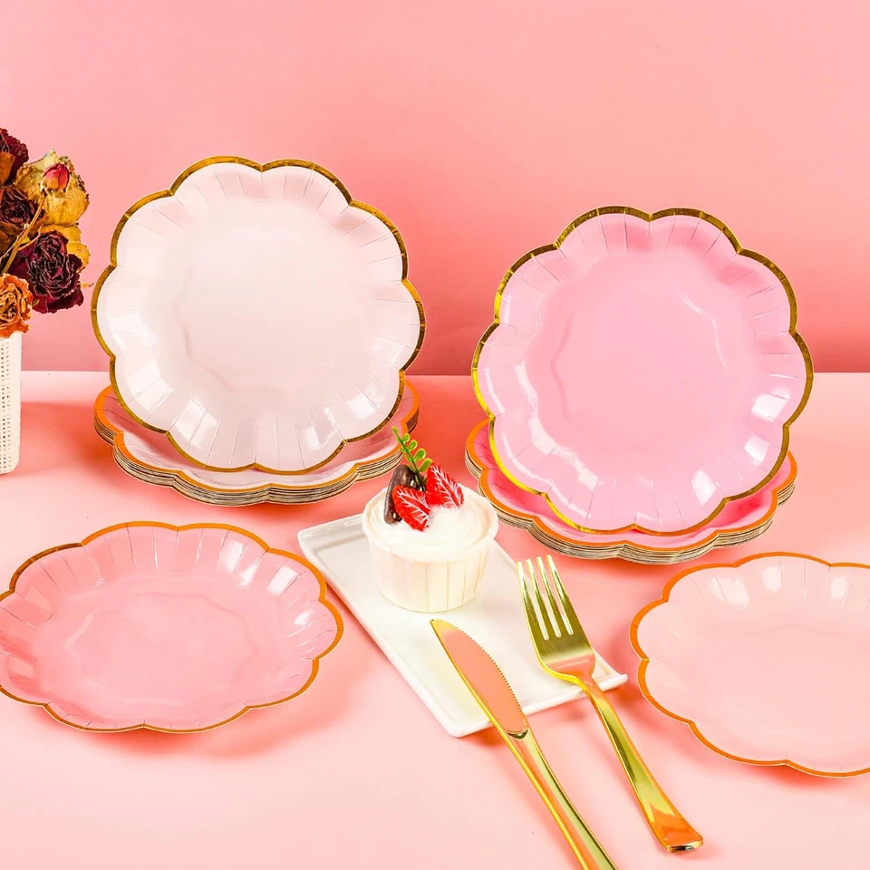 渐变粉红色甜点盘 - 7 英寸金箔扇贝边缘一次性蛋糕... — 第 2/4 张图片