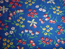 Vtg Feedsack Fabric Full Open Windmills Daisies Tulips Blue Background 36.5x47"