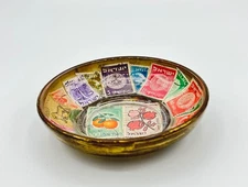 Brass and Glass ISRAEL STAMP Souvenir Trinket Pin Dish Bowl Vintage Original 