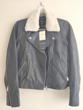 NWT Lucky Brand Women's S Black Leather Biker Jacket Shearling Collar Full Zip