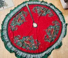 Christmas Tree Skirt  Lace Red Green Handmade Vintage Country Deer 65" Round