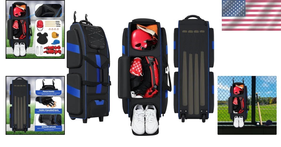 Bolsa de beisebol grande rolante com rodas, bolsa de equipamentos para apanhador de softbol para 4 tacos, porta - Imagem 2 de 4
