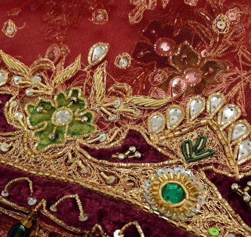 Sushila Vintage Red Net Velvet Fringed Dupatta Hand Beaded Bridal Long Stole - Picture 16 of 17
