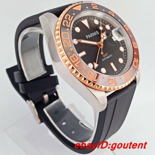 40mm Parnis Black Dial Sapphire Glass GMT Rubber Strap Automatic Mens Wristwatch - Picture 4 of 6