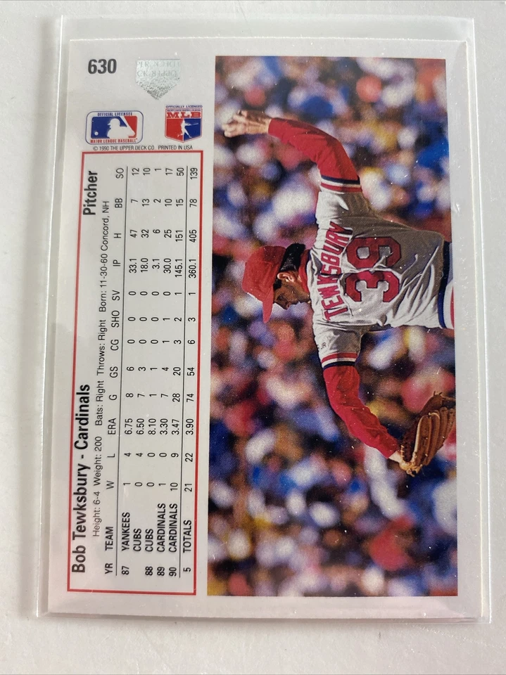 1991 Upper Deck BOB TEWKSBURY Signed Card #630 Cardinals - Image 2 of 2