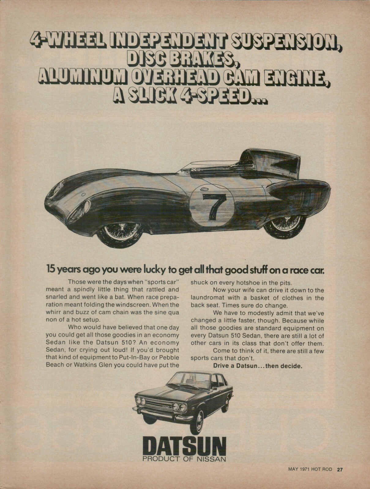 1971 Datsun 510 Sedan Suspension Brakes Overhead Cam Original Color Print Ad